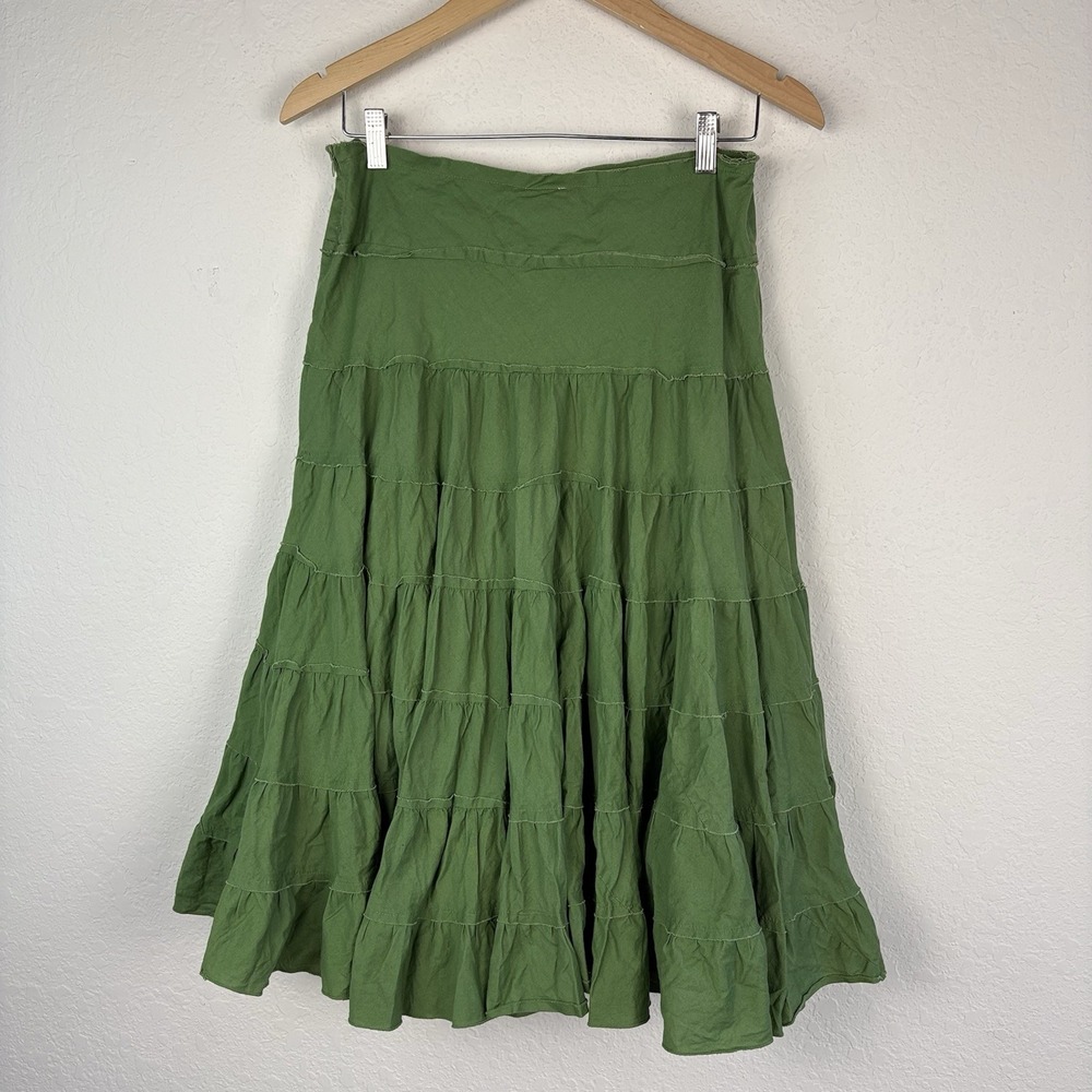 Y2K 90s Size M Tiered Skirt Midi Full 100% Cotton Broomstick Witchy Flared Green - Picture 2 of 5